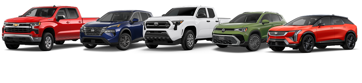 Lineup of Chevrolet, Nissan, Toyota, Volkswagen and Cadillac vehicles