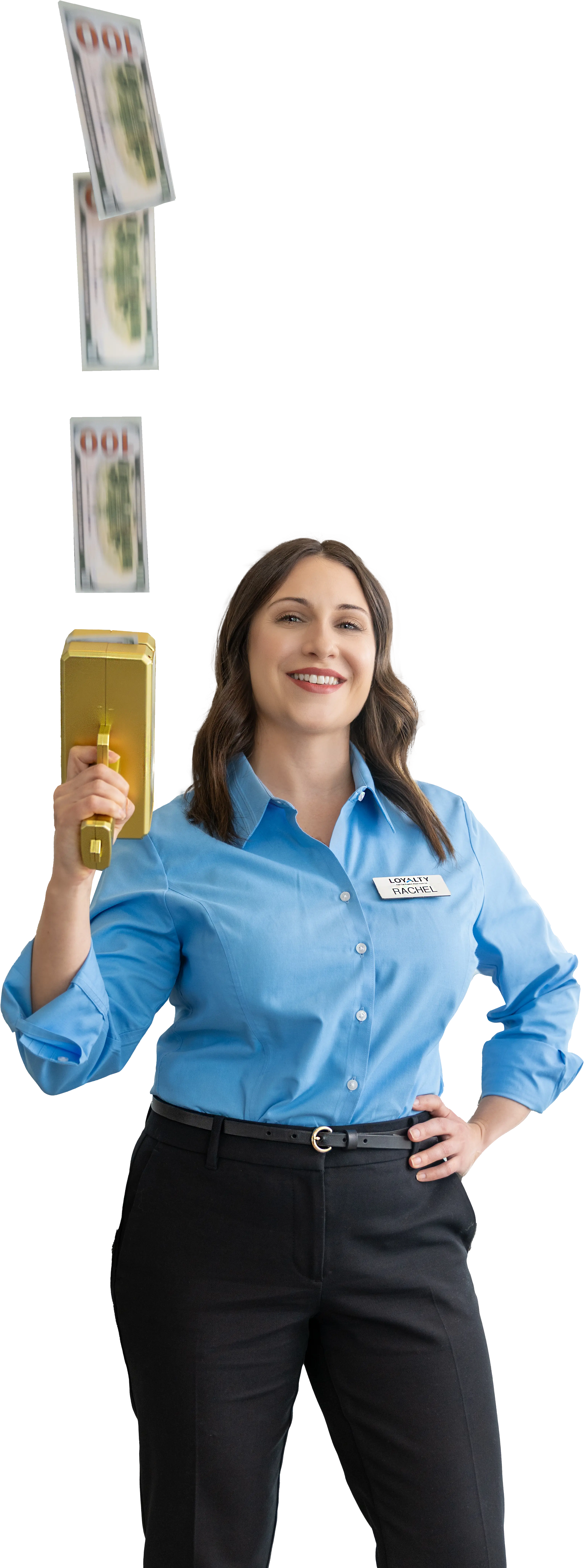 A person with a money gun to show how much money you will save with auto insurance